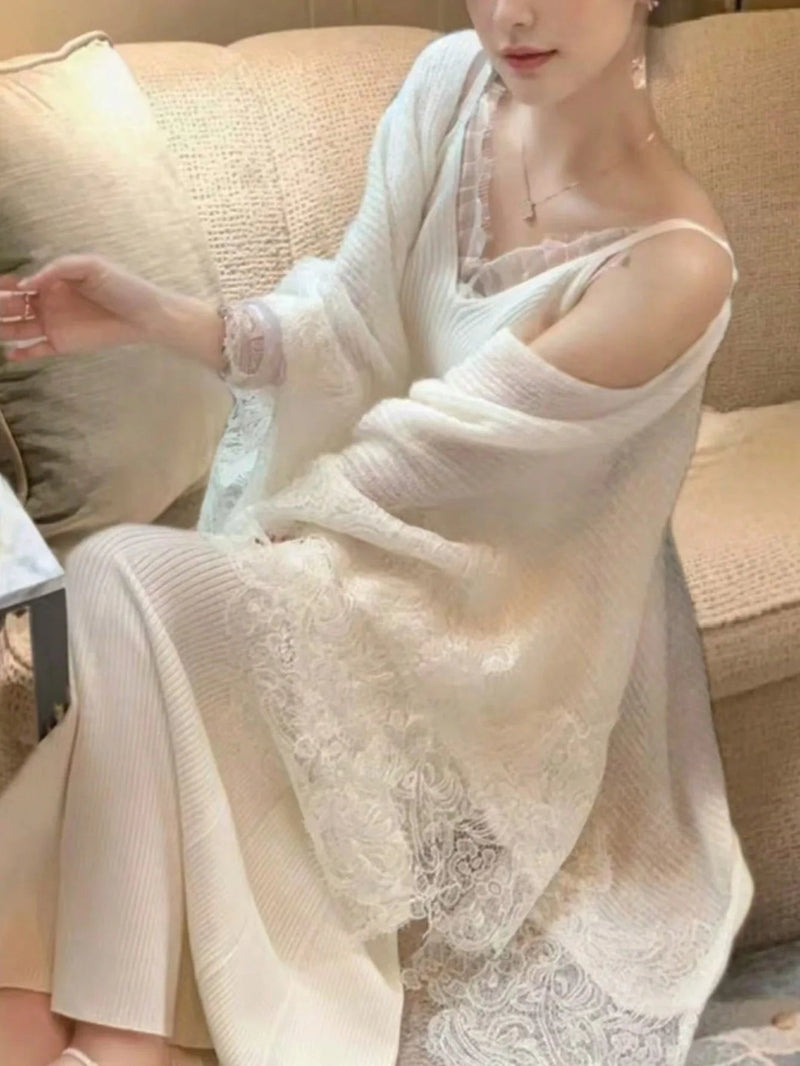 Knitted 2 Piece Set Lace Spliced Shawl Mermaid Dress Outfits Autumn Winter Sweater Party Clothes New