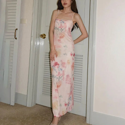 Summer Long Dress Y2k Print Square Neck Spaghetti Strap Sleeveless Bodycon Dress 2000s Club Party Dresses