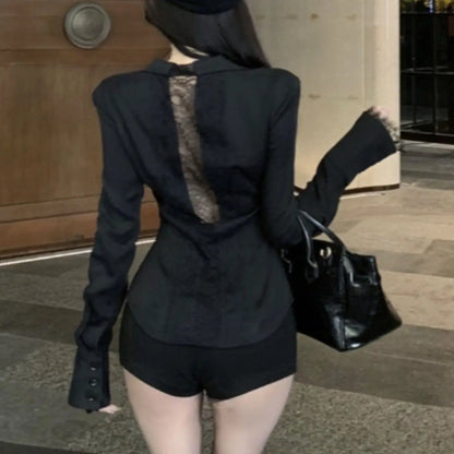 Backless Lace Youthful Black Long Sleeve Shirt V Neck Patchwork Basic Blouse Lady Office White Top