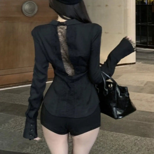 Backless Lace Youthful Black Long Sleeve Shirt V Neck Patchwork Basic Blouse Lady Office White Top