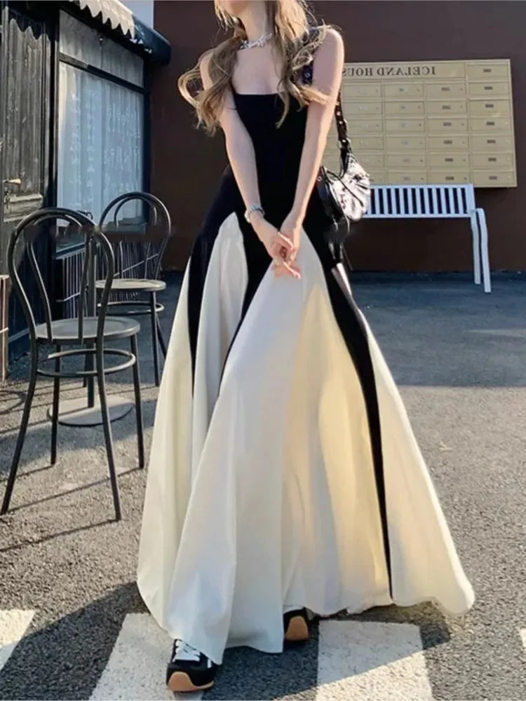 Black White Contrast Pleated Sling Long Dress Summer Backless Maxi Dresses Lady Evening Party Vestidos
