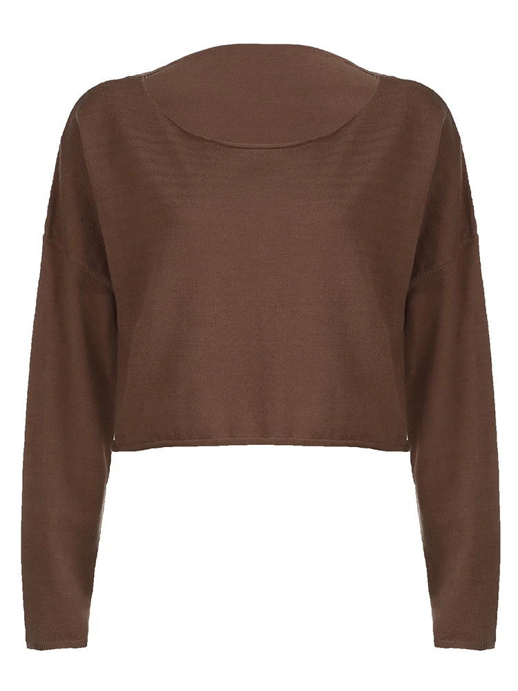 American Retro Loose Knitted Pullover Jumpers for O Neck Long Sleeve Brown Spring Autumn Sweaters