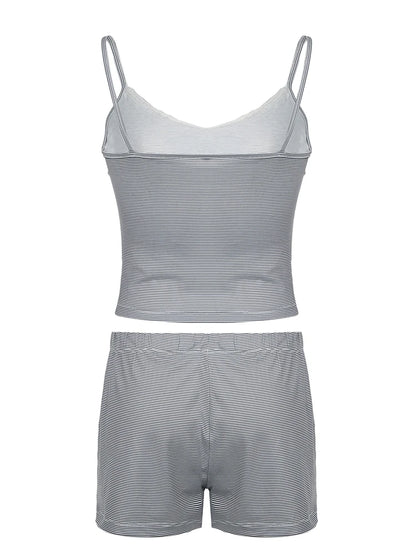 Contrast Lace Patchwork Slim Stripe Y2k 2 Pieces Shorts Sets Kawaii V Neck Camisole and Botton Shorts Set