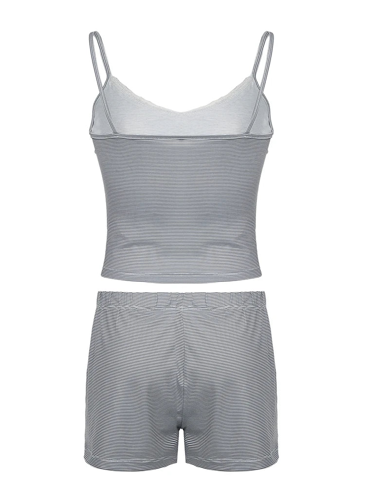 Contrast Lace Patchwork Slim Stripe Y2k 2 Pieces Shorts Sets Kawaii V Neck Camisole and Botton Shorts Set