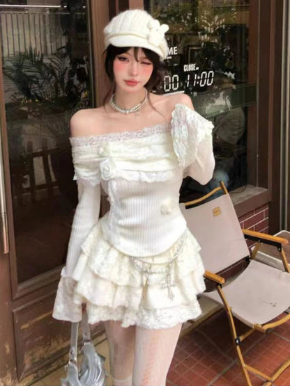 Y2k Mini Cake Skirts Suit Korean Lolita Style Skirt Sets Flower Lace Slash Neck Knitted Sweater