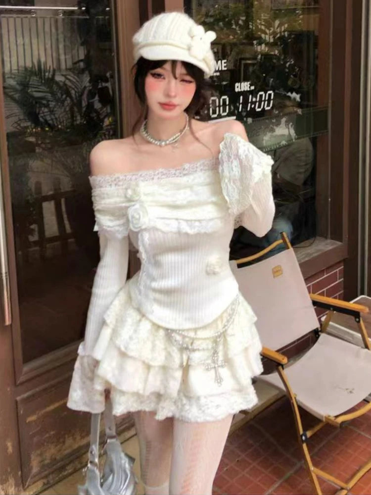 Y2k Mini Cake Skirts Suit Korean Lolita Style Skirt Sets Flower Lace Slash Neck Knitted Sweater