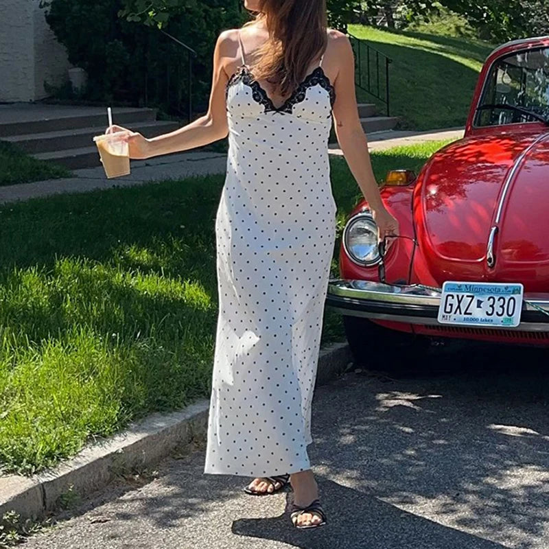 French Style Polka Dot Print Long Dress Coquette Aesthetic Contrast Color Lace Patchwork Sleeveless Sundress Holiday