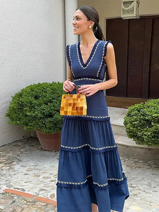 Tassel Spliced Print Ruffles Long Dress V Neck Sleeveless A-line Robe Lady Holiday Robe