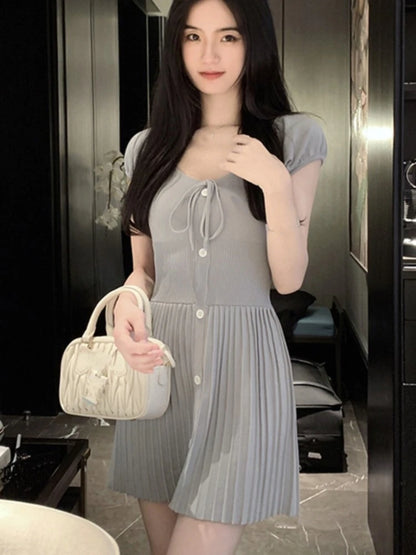 Knitted Dresses for V-neck A-line Pleated Mini Dress Korean Autumn Knitting One Piece Vestido Mujer New
