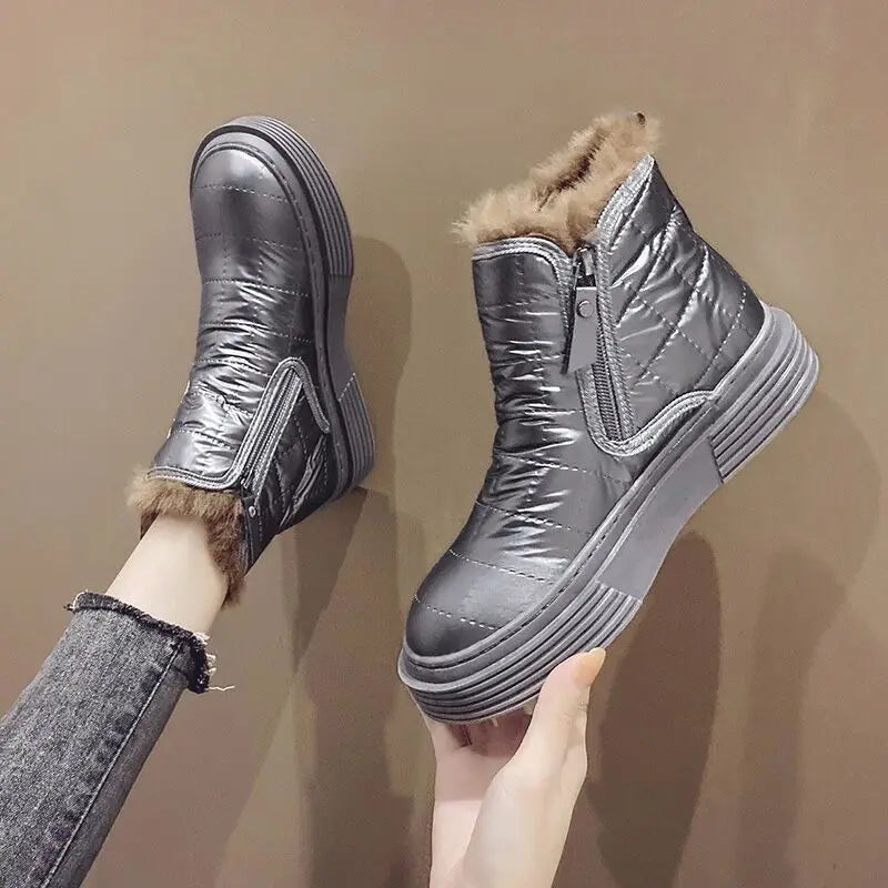 Waterproof Booties Snow Boots Boot Short Barrel Flat Shoes for Hot Silver Warm Low Shoe Winter Elastic Furry