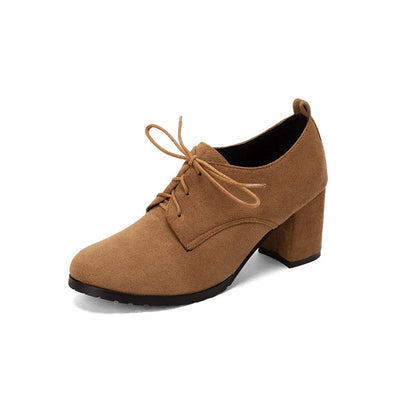Spring New Retro Pumps Classics Flock Lace Up Office Round Toe Block High Heel Shoes Female Size 3343 Black Brown