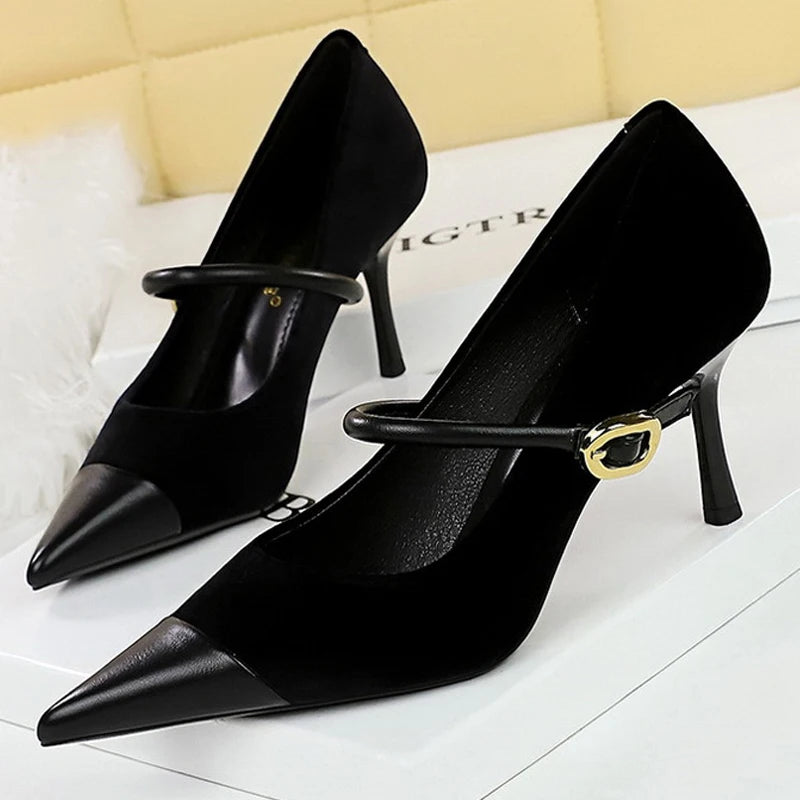 Shoes New Buckle Design Pumps Pointed Shoes High Heels Suede Stilettos Heels 7cm 10cm Shoes Large Size 43