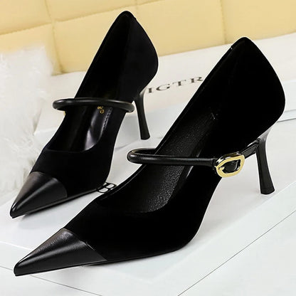 Shoes New Buckle Design Pumps Pointed Shoes High Heels Suede Stilettos Heels 7cm 10cm Shoes Large Size 43