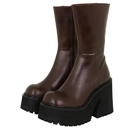 Platform Chunky High Heeled Knee High Boots Cool Round Toe Sweet Heeled Boots Gothic Uniform Dress Shoes