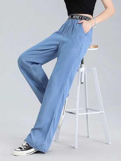 Lyocell Jeans Wide Leg Long Pants Straight Loose High Waist Sport Pants Female Office Trousers Lady Work Wear Thin