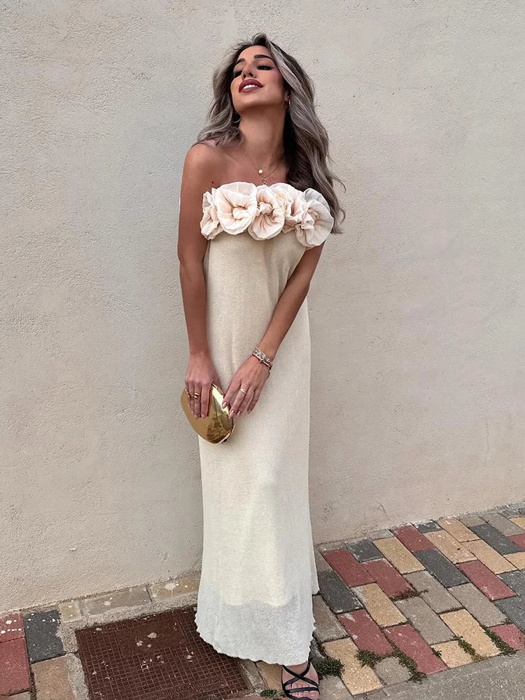Summer Tube Long Dress 3d Flowers Decorate Strapless Dresses Female Sleeveless Slim Maxi Dress