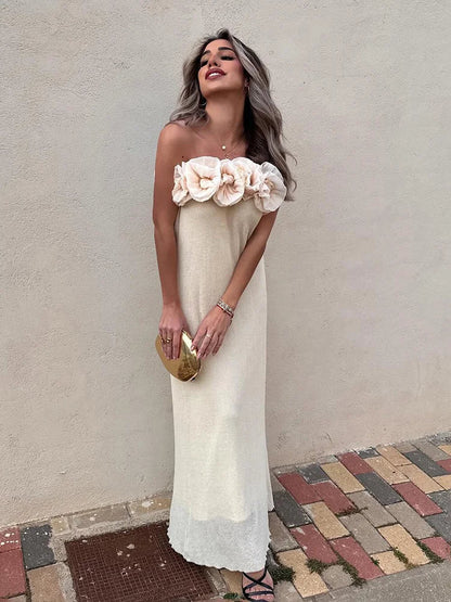 Summer Tube Long Dress 3d Flowers Decorate Strapless Dresses Female Sleeveless Slim Maxi Dress