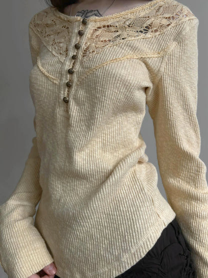 Retro Button Lace Knitted ��s Base T-shirts Long Sleeves Exquisite Slim Fit Autumn Basic Blouses