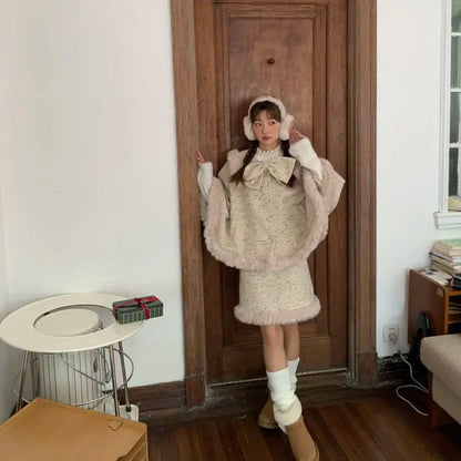 High End Sweet Temperament Loose Bow Cloak Coat New Winter Clothes Short Skirt Set Plush Splicing Two Piece Sets Outfits