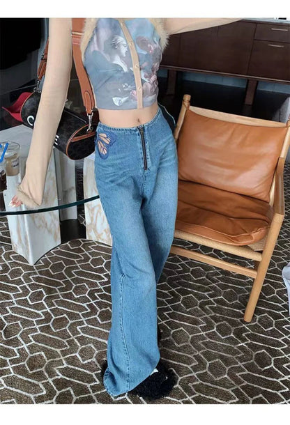 Cutout Butterfly Embroidered Jeans Woman High Waist Baggy Straight Denim Pants Street Denim Trouser