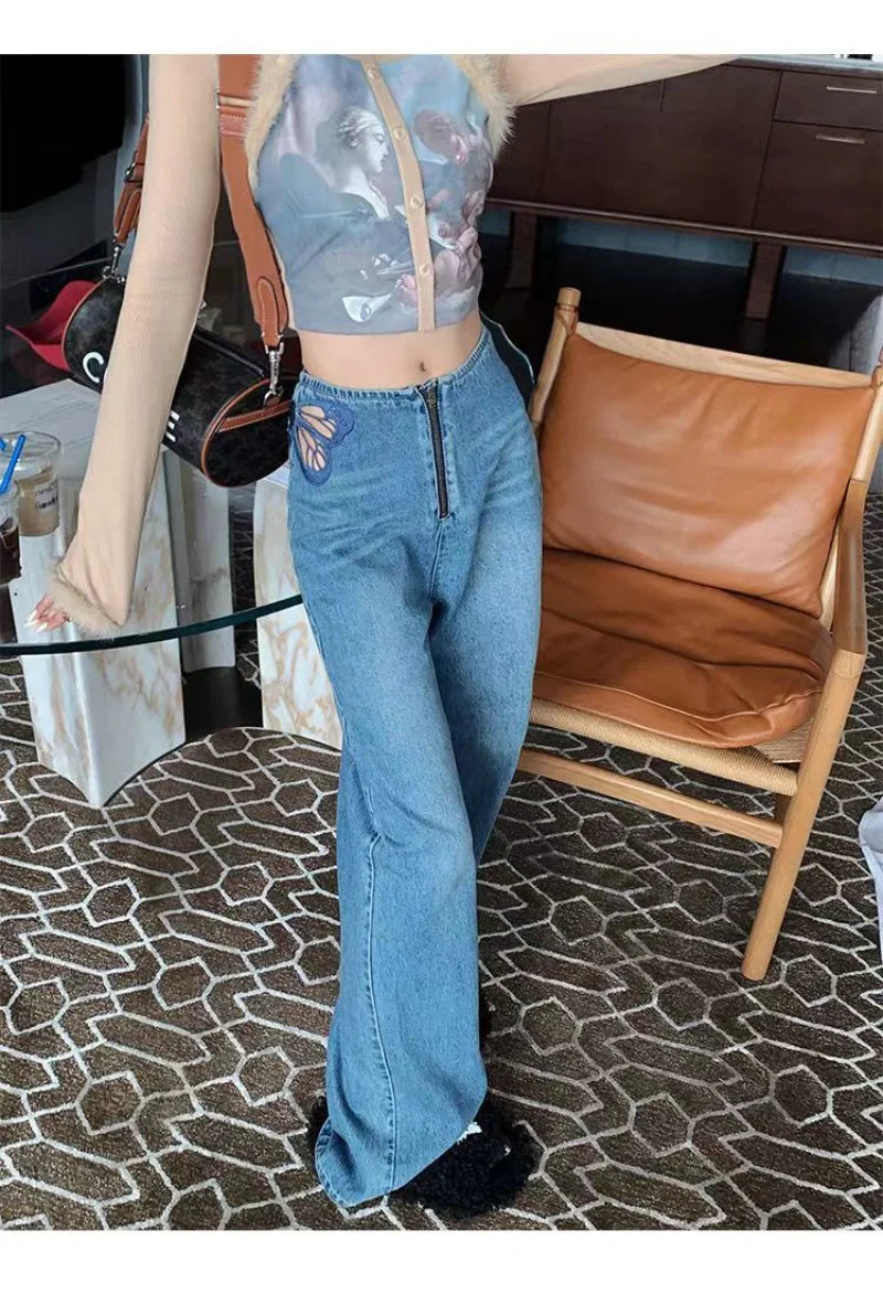 Cutout Butterfly Embroidered Jeans Woman High Waist Baggy Straight Denim Pants Street Denim Trouser
