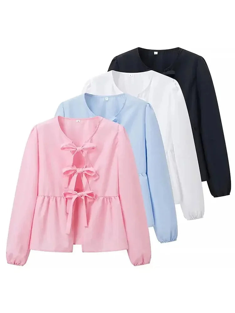 Summer Woman Bow Tied Lace Up Shirts Puff Short Sleeves Blouse Oneck Ruffle Color Tops