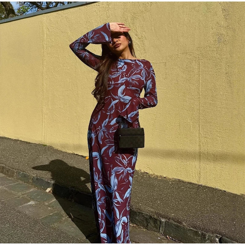 Retro Printed O-neck Holiday Dress Full Sleeve Waist-cinching Long Dresses Female Summer Street Vestidos