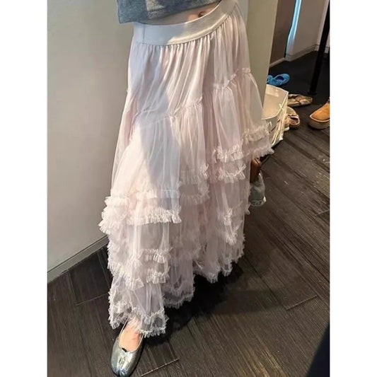 Pleated Loose Mesh Midlength Skirt Summer New Korean High Waist Color All Match Aline Skirt