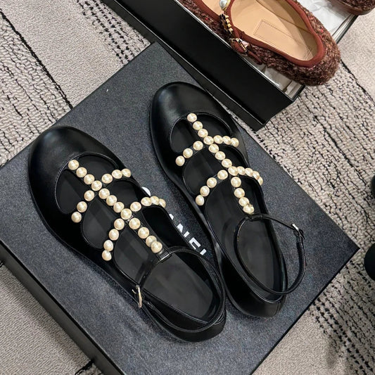 Pearl Tshaped Ballet Shoes for , Shallow Mouthed Flat Bottomed Mary Jane Shoes, Fairy Round Toe Single Shoes