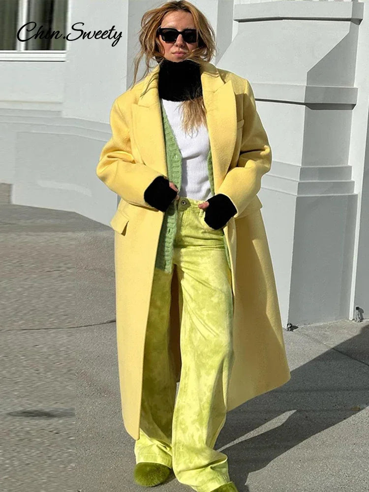 Woolen Long Coat Autumn Full Sleeve Button Fake Pocket Split Yellow Overcoat Oversize New in Outwear