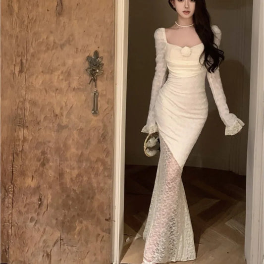 Autumn Lace Maxi Dresses for Off Shoulder Fishtail Bodycon Mermaid Birthday Evening Party Prom Robe Vestidos Mujer