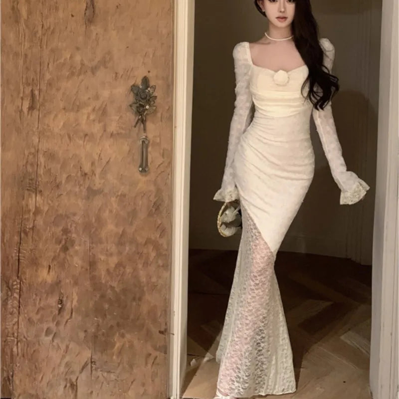Autumn Lace Maxi Dresses for Off Shoulder Fishtail Bodycon Mermaid Birthday Evening Party Prom Robe Vestidos Mujer