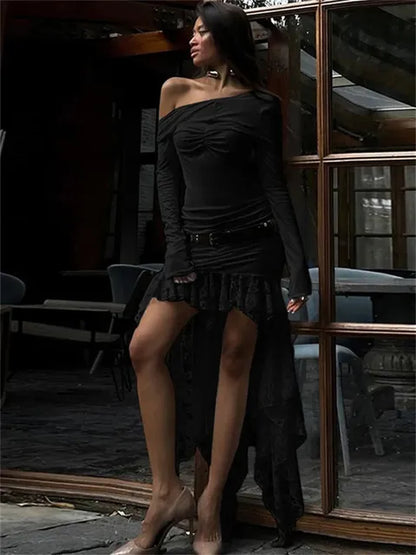 Lace Patchwork Mini Dress ’s Off-shoulder Long Sleeve High Waist Pleated Party Dress Female Mini Dress