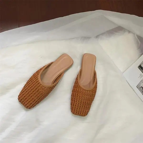 Shoes Slippers Soft Slides Slipers Cover Toe Low Loafers Fretwork Heels Comfort Flat Basic Fabric Rubber Cane Pu