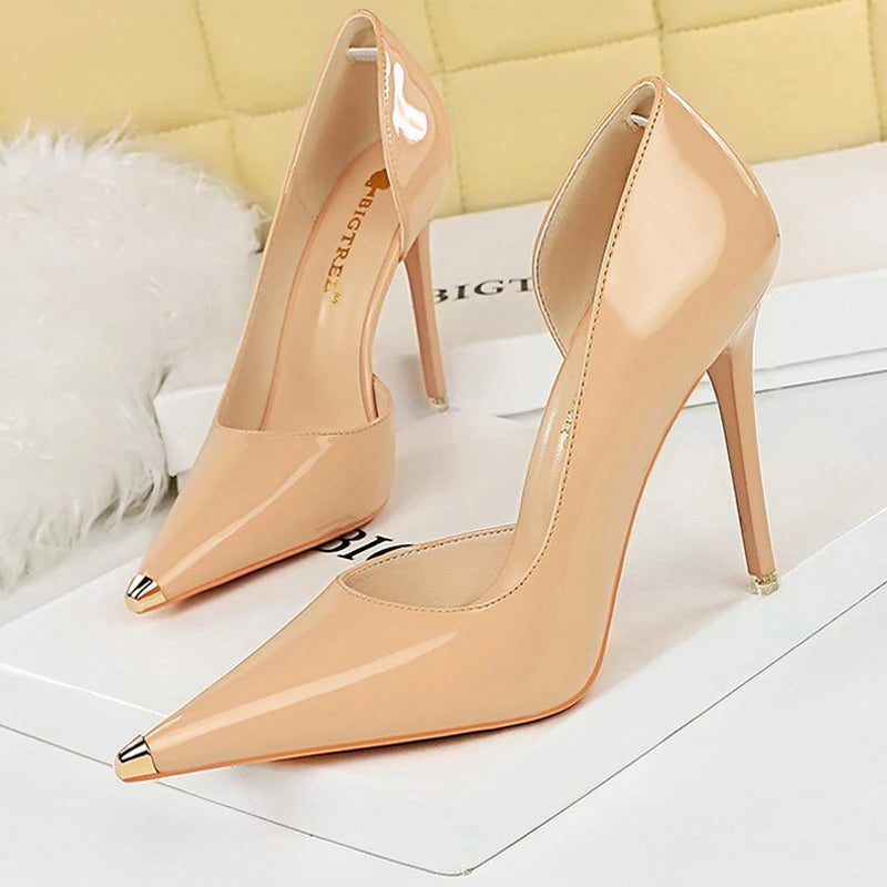 Shoes Black Patent Leather High Heels Metal Pointed Pumps Party Shoes Stilettos 7 Cm 10.5cm Heels