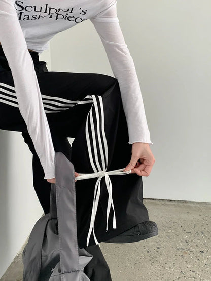 Sports Stripe Baggy Pants Y2k Cutecore Bow Straight Wide Leg Sweatpants Korean Causal Joggers