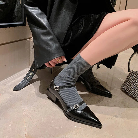 Low Heels Pointed Toe Pumps Genuine Leather Mary Janes Shoes Woman Office