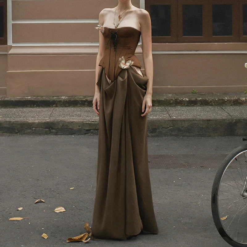 Butterfly Detail Strapless Long Dress Aesthetic Detachable Corset Top Maxi Dresses
