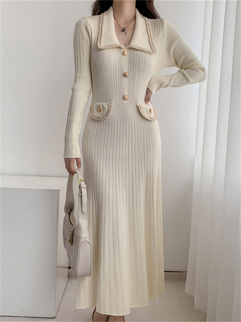 Female Long Dress Pocket Knitwear Ribbed Patchwork High Waist Commute Slim Party Dress Autumn Knit Dress