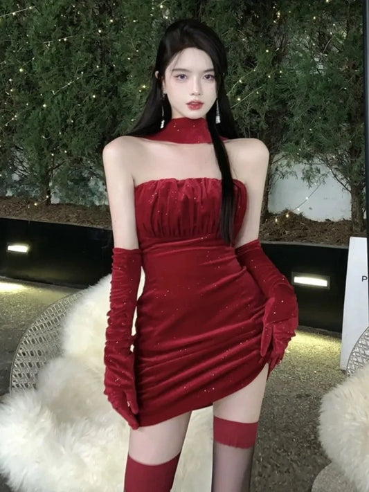 Bodycon Velvet Mini Dresses for Strapless Slim Waist Birthday Party Evening Dress Korean One Piece Vestidos