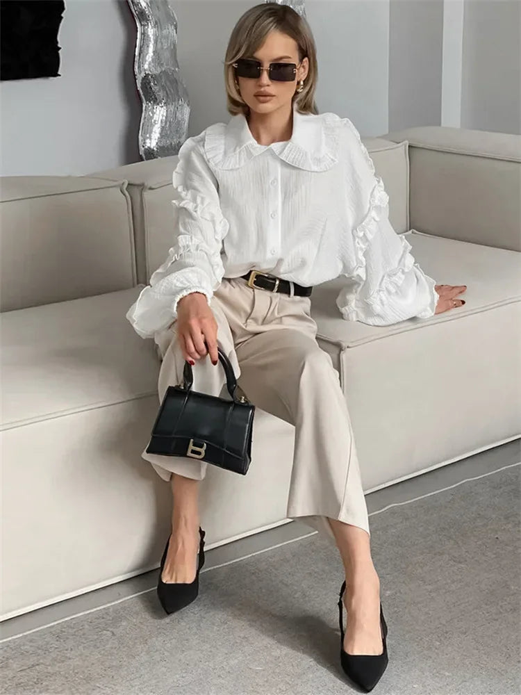 Ruffled White Loose Shirts for Long Sleeve Autumn Outwear Female Shirts Coat Summer New