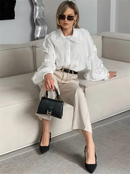 Ruffled White Loose Shirts for Long Sleeve Autumn Outwear Female Shirts Coat Summer New