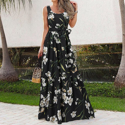 Summer Flower Print Sleeveless Long Dresses Vacation Style Dress O Neck High Waist Leace-up Maxi Vestidos