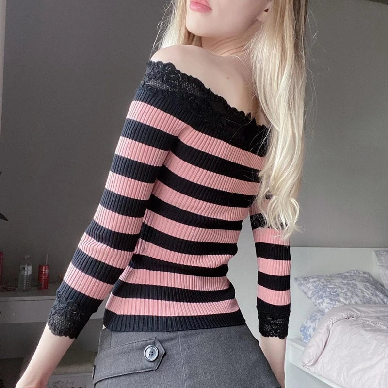 Y2k Striped Lace Sweater T-shirt Coquette Grunge Slim Fit Long Sleeve Tees Retro Cottage Kawaii Off Shoulder Crop Tops