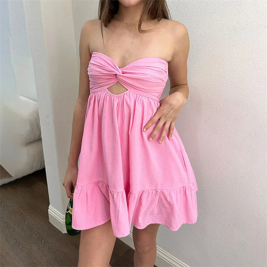 Strapless Dress Y2k Color Off Shoulder Sleeveless Ruffle Hem Mini Dress With Pockets Beach Party Dresses