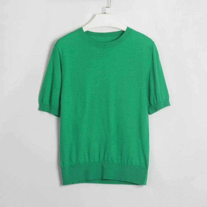 Summer Knitted Tshirt Short Sleeve Oneck Slim White Sweater Female Pullovers Knitwear