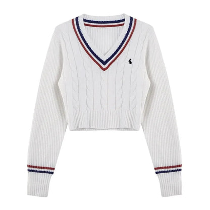 Korean Sweaters Autumn V-neck Y2k Cartoon Embroidery Knitted Tops Winter Soft Basic Long Sleeve Pullovers