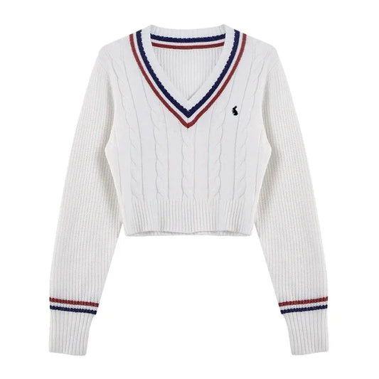 Korean Sweaters Autumn V-neck Y2k Cartoon Embroidery Knitted Tops Winter Soft Basic Long Sleeve Pullovers