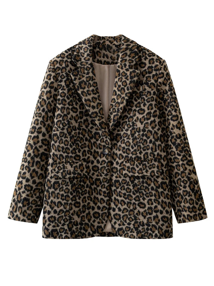 Fall Leopard Print Jacket Blazer Lapel One Button Long Sleeve Loose Coat Female All-matching New in Outwears