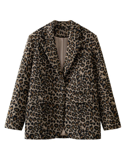 Fall Leopard Print Jacket Blazer Lapel One Button Long Sleeve Loose Coat Female All-matching New in Outwears